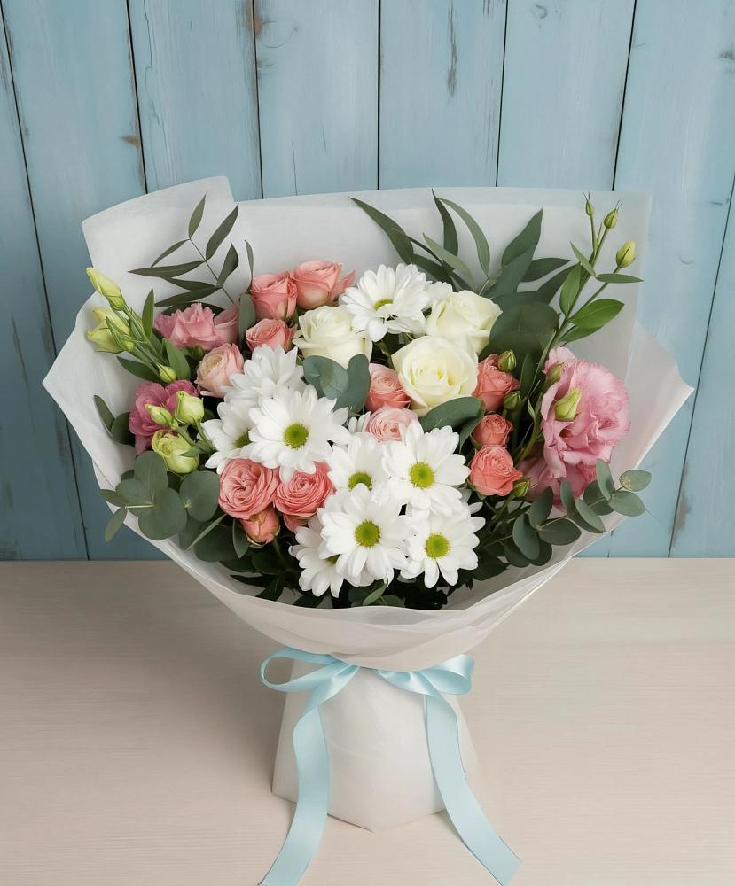 Букет цветов из: Розы, Лизиантусы и Хризантемы в Преображенское