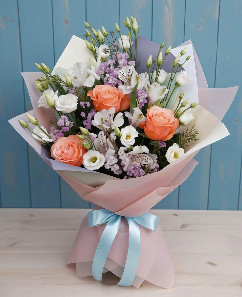 Букет цветов из: Лизиантусы, Розы, Альстромерии и Гипсофила в Преображенское
