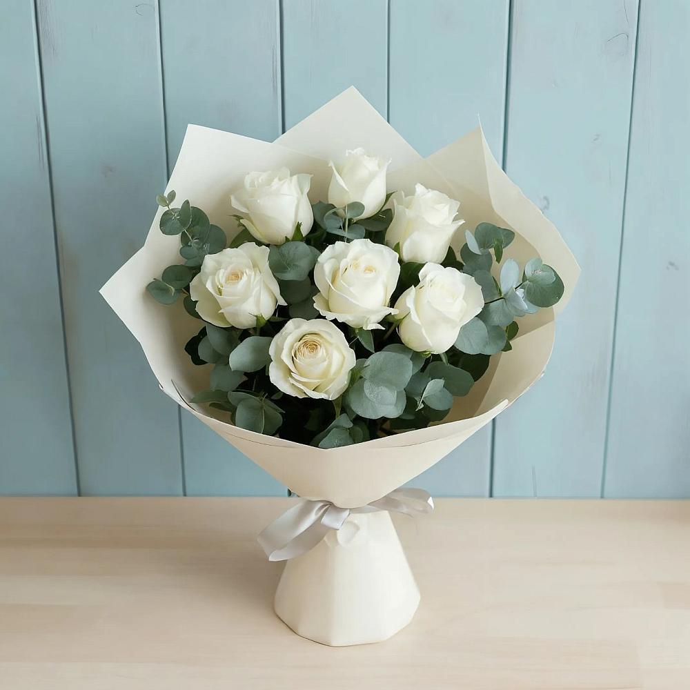 Букет Белые розы в Эвкалипте в Преображенское