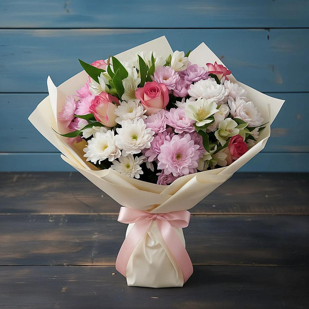 Букет цветов из: Хризантемы, Альстромерии и Розы в Преображенское